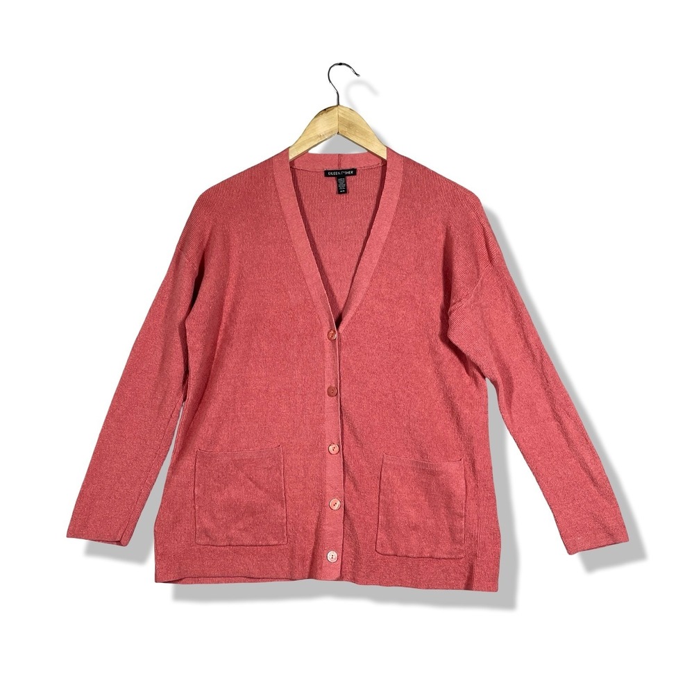 Eileen Fisher Cardigan Sweater Womens Medium Pink Organic Linen Blend Minimalist